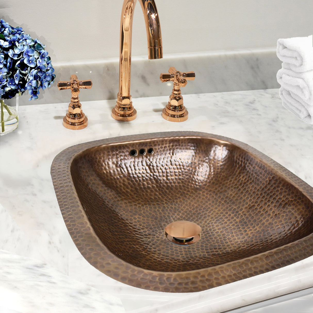 Nantucket Sinks' SQRC-OF - 16.25" Hand Hammered Copper Square Undermount Bathroom Sink With Overflow