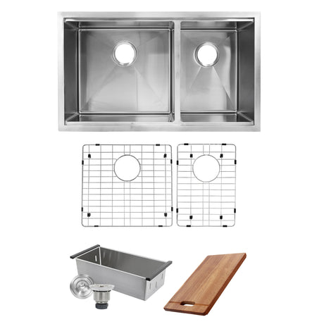 Nantucket Sinks' SR-PS-3219-OS-16 Offset Double Bowl Prep Station Small Radius Undermount Stainless Sink with Accessories