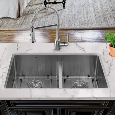 Nantucket Sinks' SR3219-OS-16 - 32 Inch Pro Series 60/40 Offset Double bowl Undermount Small Radius Stainless Steel Kitchen Sink