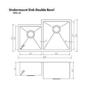 ZLINE Jackson 32 in. Undermount Double Bowl Stainless Steel Kitchen Sink with Bottom Grid (SRDL-32)