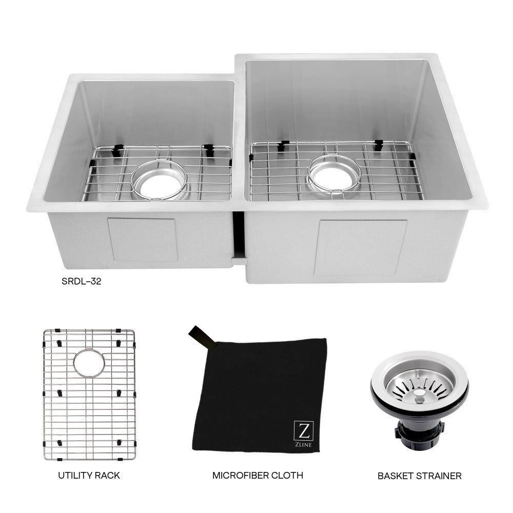 ZLINE Jackson 32 in. Undermount Double Bowl Stainless Steel Kitchen Sink with Bottom Grid (SRDL-32)