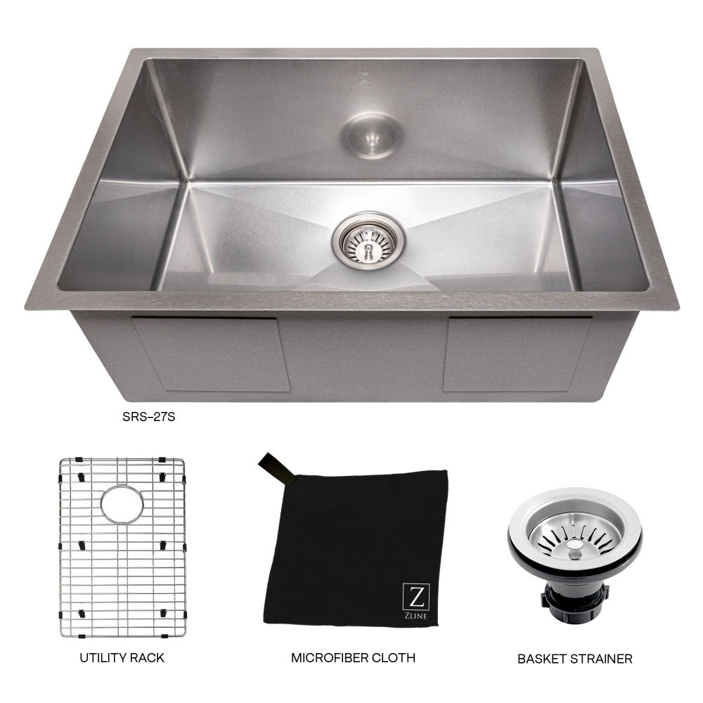 ZLINE Meribel 27 in. Undermount Single Bowl Scratch Resistant Stainless Steel Kitchen Sink with Bottom Grid (SRS-27S)
