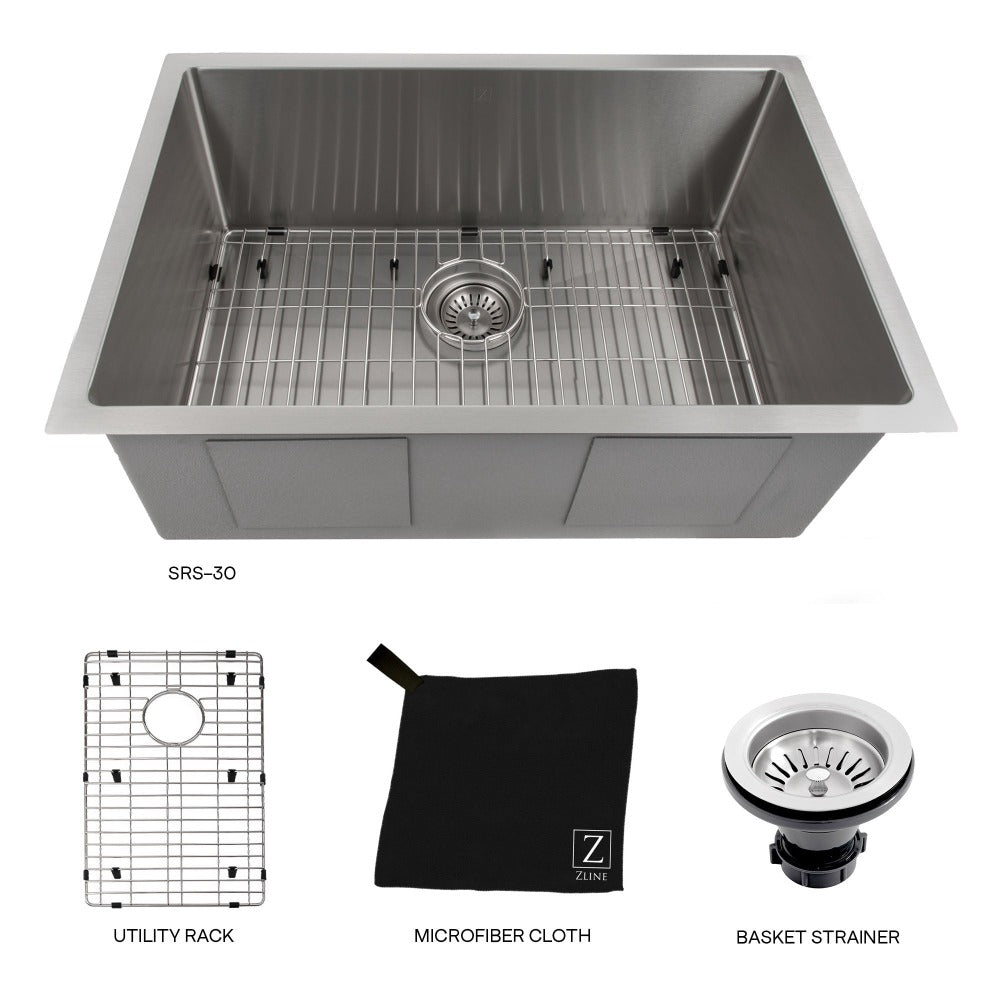 ZLINE Meribel 30 in. Undermount Single Bowl Stainless Steel Kitchen Sink with Bottom Grid (SRS-30)