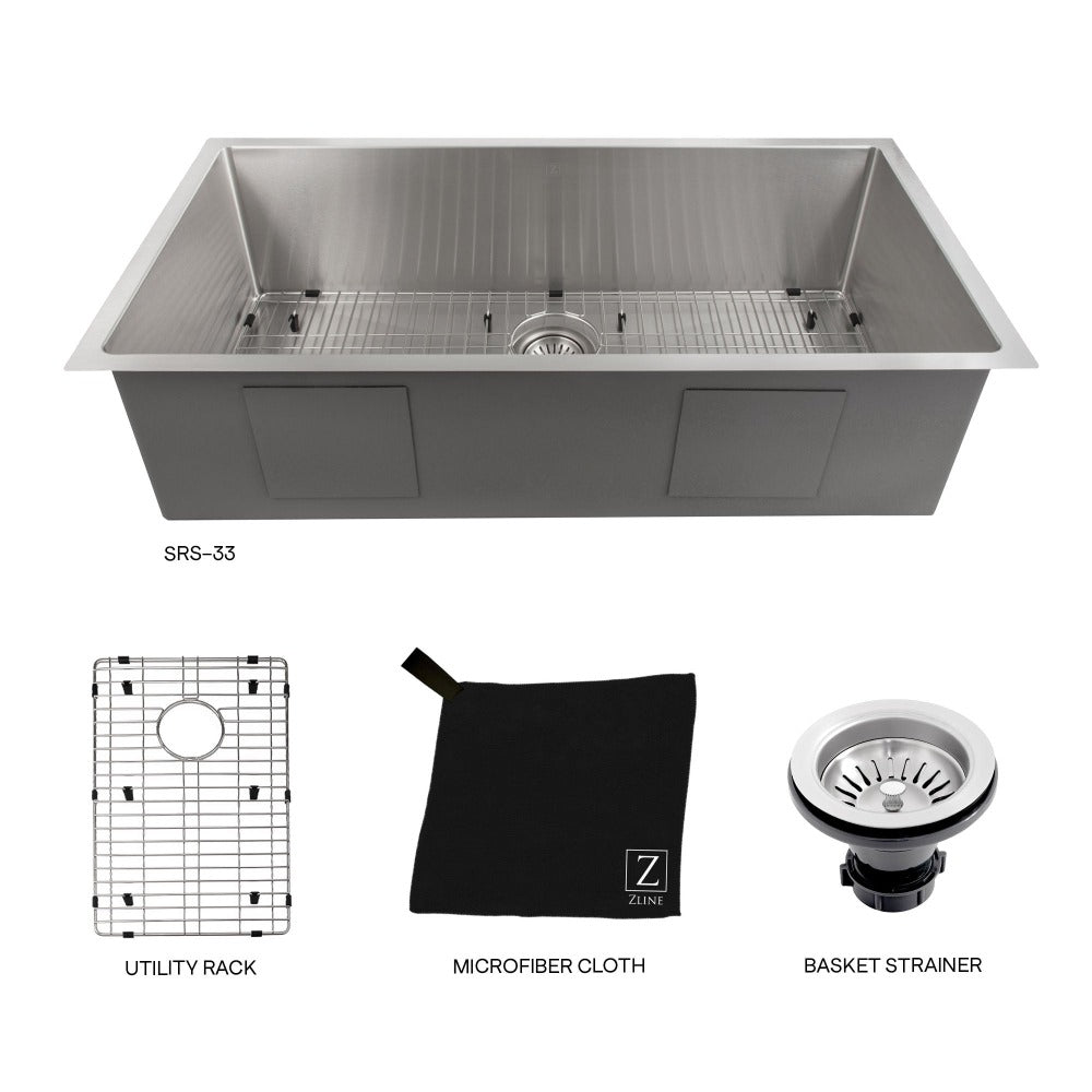 ZLINE Meribel 33 in. Undermount Single Bowl Stainless Steel Kitchen Sink with Bottom Grid (SRS-33)