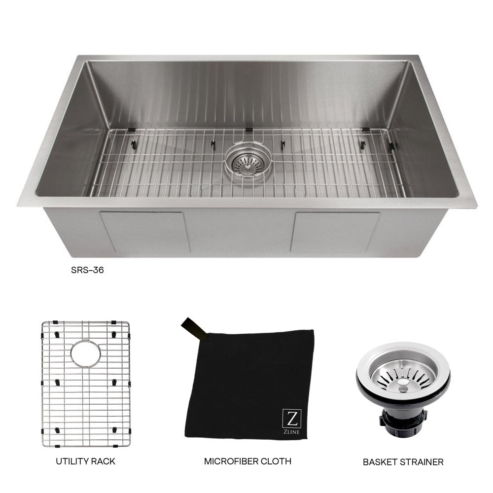 ZLINE Meribel 36 in. Undermount Single Bowl Stainless Steel Kitchen Sink with Bottom Grid (SRS-36)