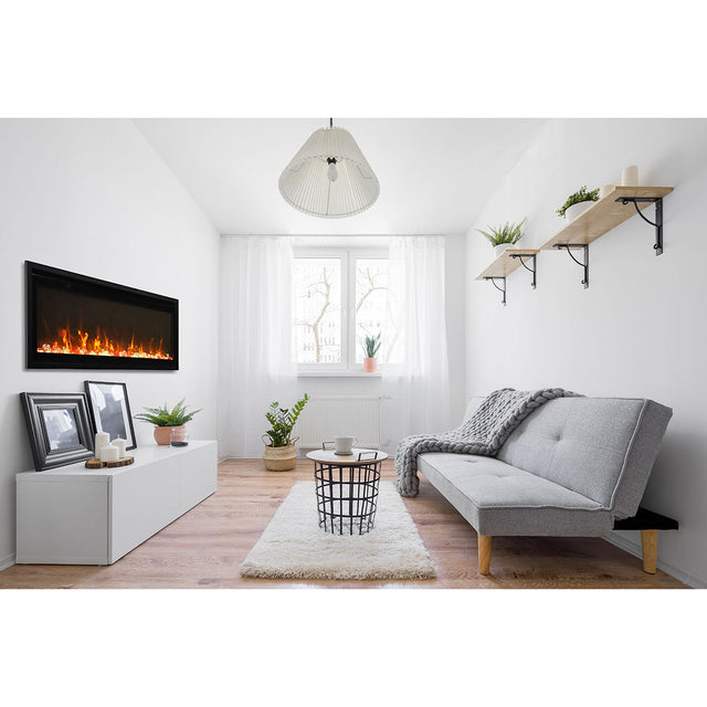Amantii SYM-50 Symmetry Smart Electric  50" Indoor / Outdoor WiFi Enabled Built In Fireplace, Featuring a MultiFunction Remote Control , Multi Speed Flame Motor and a 10 piece Birch Log Set