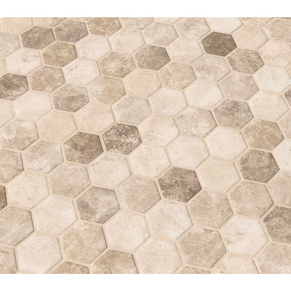 Sandhills hexagon 11.02X12.76 glass mesh mounted mosaic tile SMOT GLS SAND6MM product shot multiple tiles angle view