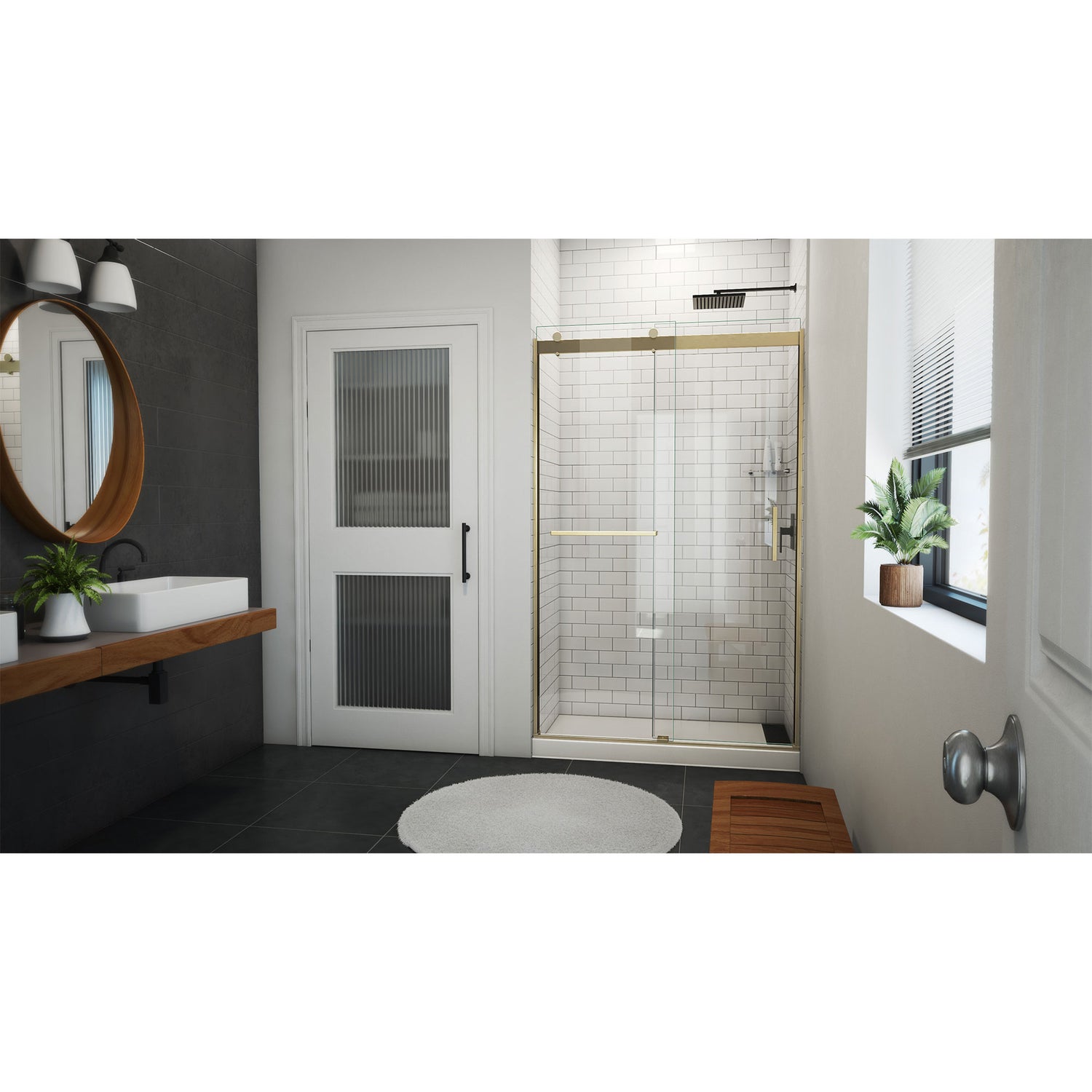DreamLine Sapphire-V 44 - 48 in. W x 76 in. H Bypass Shower Door in Brushed Gold and Clear Glass