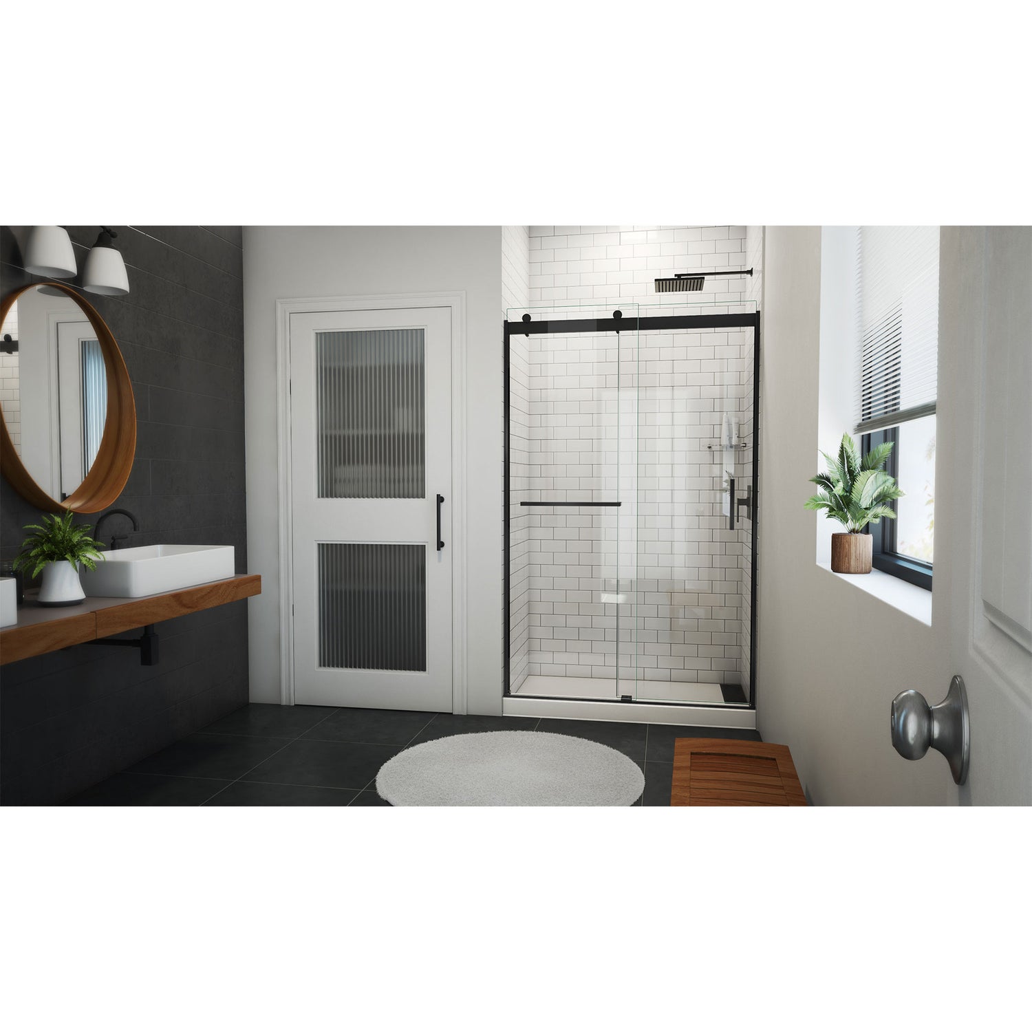 DreamLine Sapphire-V 44 - 48 in. W x 76 in. H Bypass Shower Door in Satin Black and Clear Glass