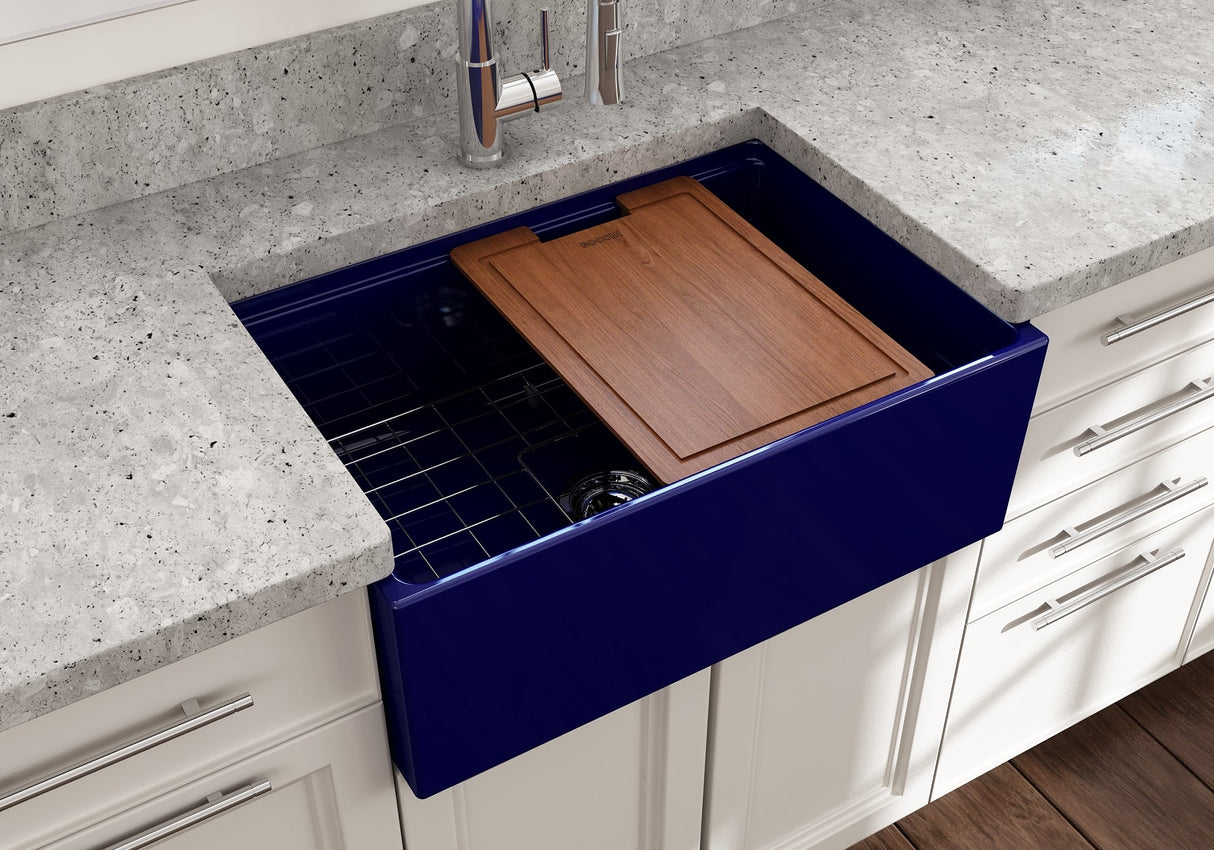 BOCCHI 1628-010-0120 Contempo Step-Rim Apron Front Fireclay 27 in. Single Bowl Kitchen Sink with Integrated Work Station & Accessories in Sapphire Blue