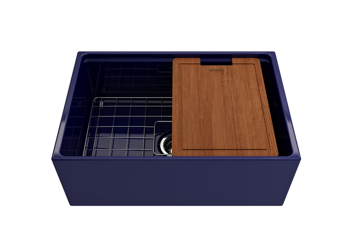 BOCCHI 1628-010-0120 Contempo Step-Rim Apron Front Fireclay 27 in. Single Bowl Kitchen Sink with Integrated Work Station & Accessories in Sapphire Blue