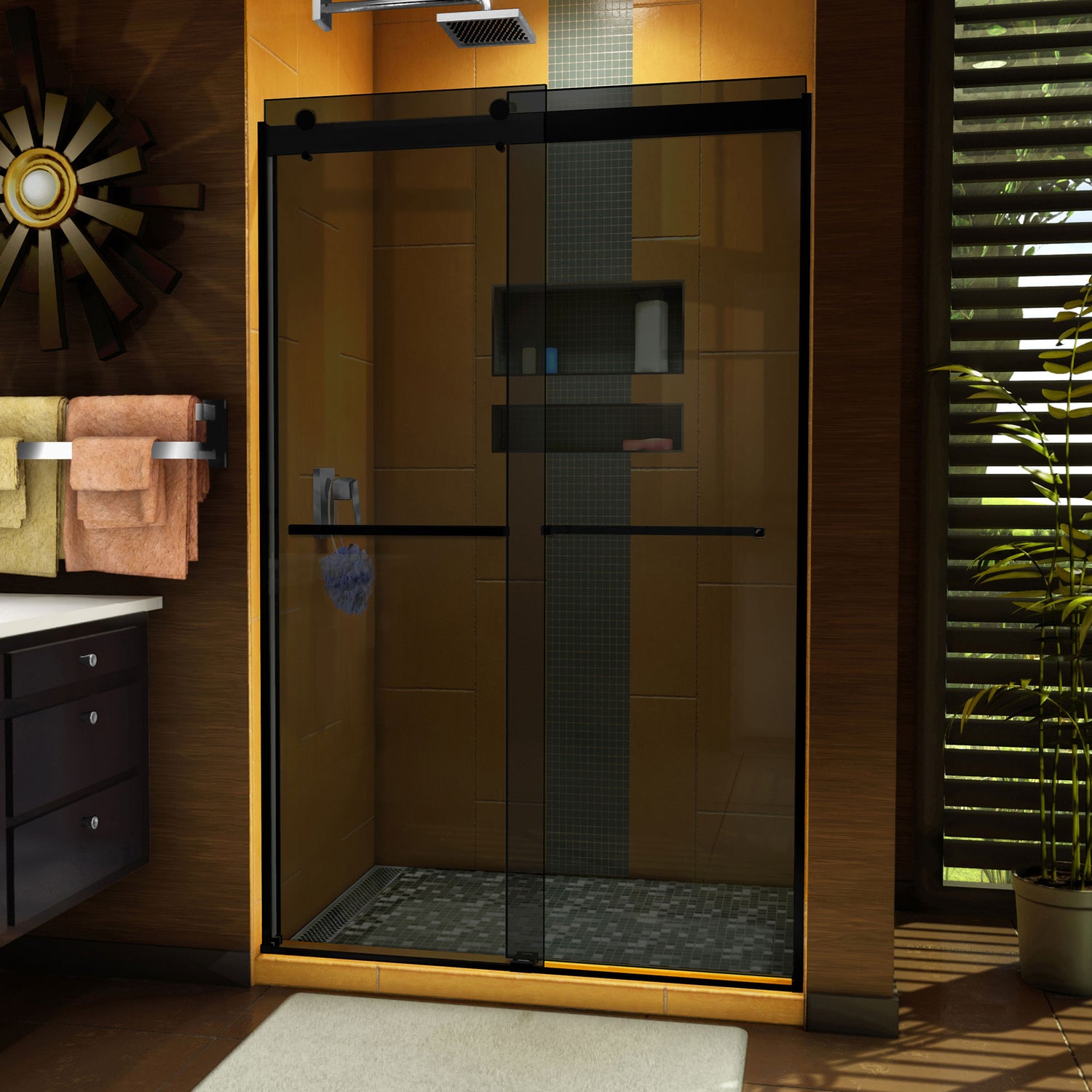 DreamLine Sapphire 44-48 in. W x 76 in. H Semi-Frameless Bypass Shower Door in Satin Black and Gray Glass