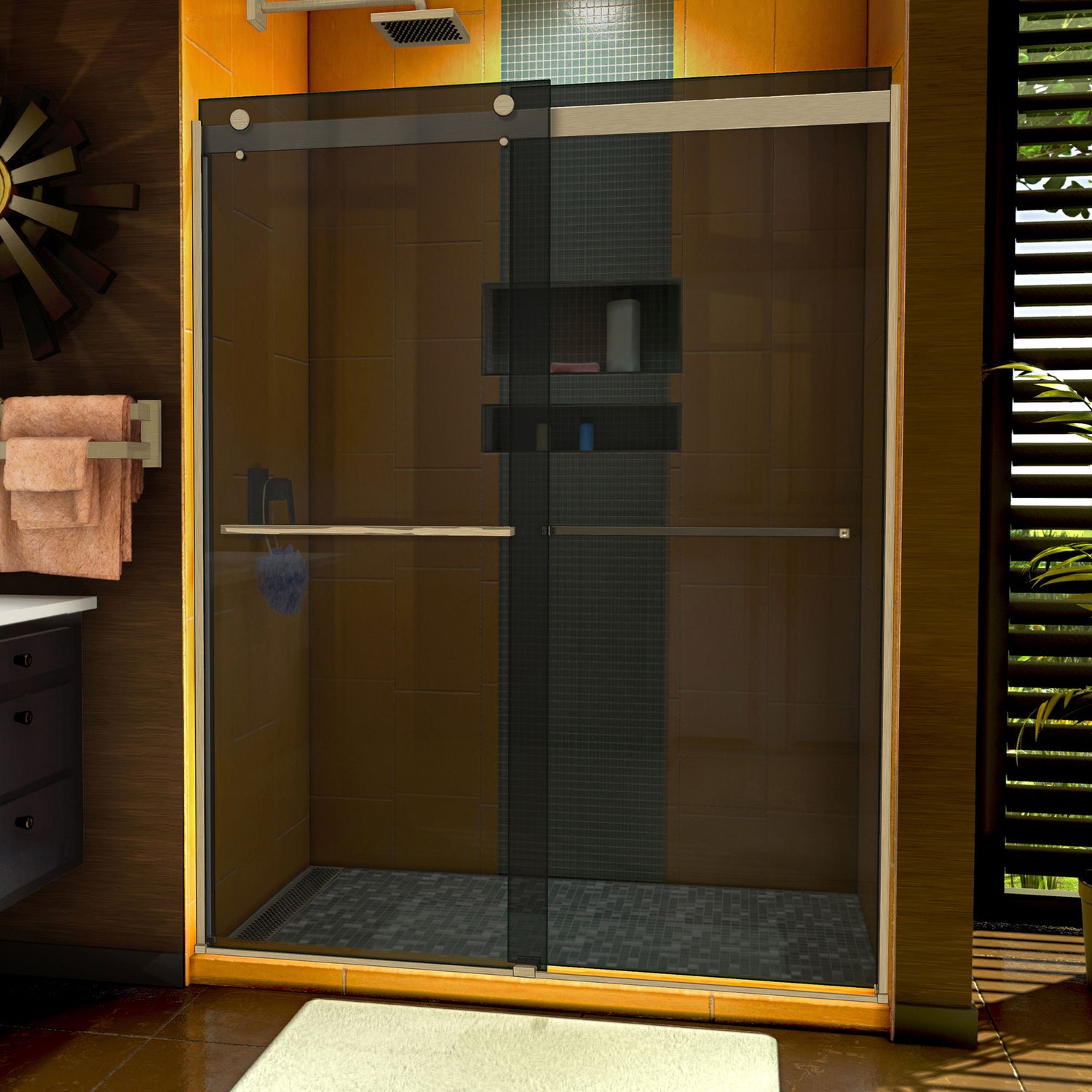 DreamLine Sapphire 56-60 in. W x 76 in. H Semi-Frameless Bypass Shower Door in Brushed Nickel and Gray Glass