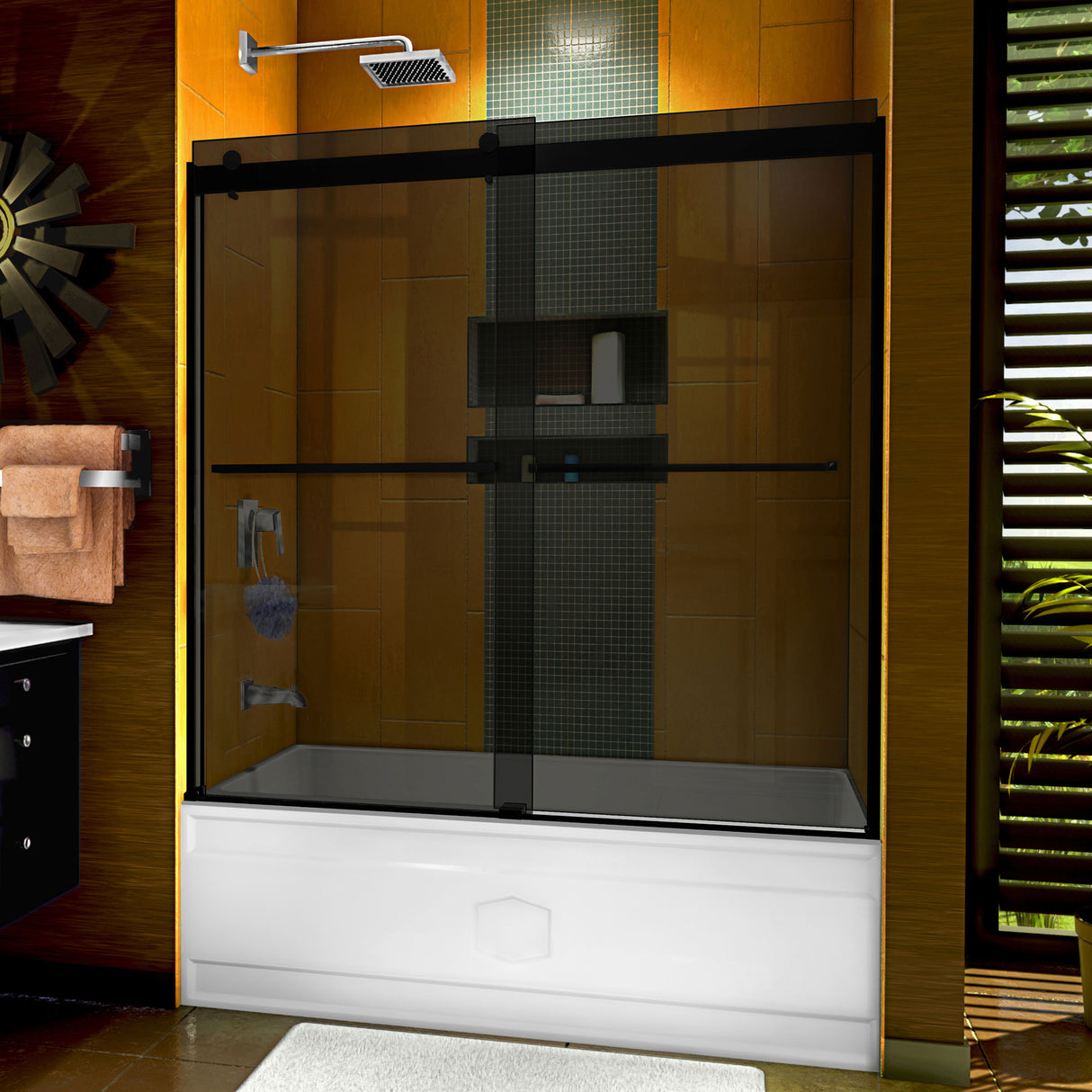 DreamLine Sapphire 56-60 in. W x 60 in. H Semi-Frameless Bypass Tub Door in Satin Black and Gray Glass