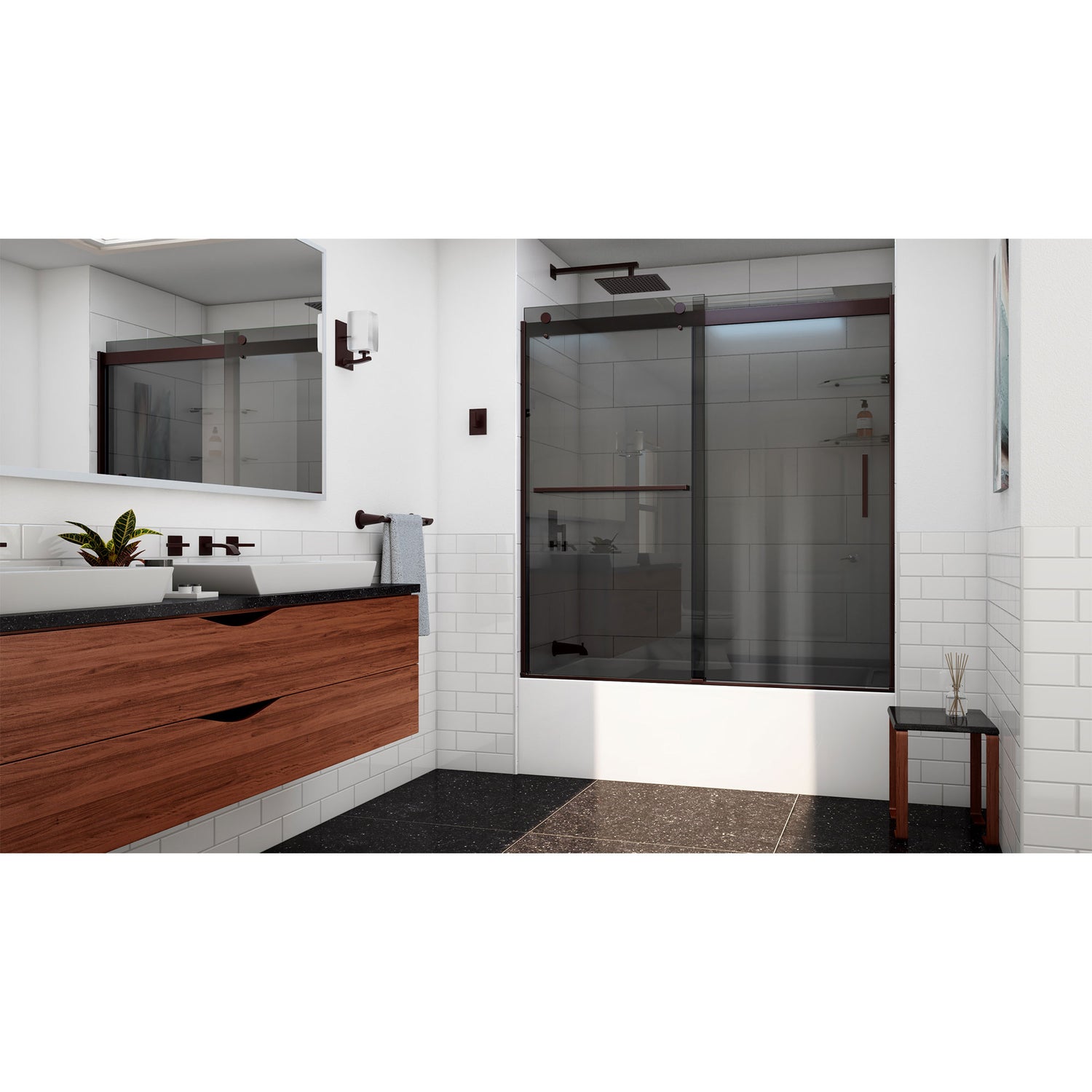 DreamLine Sapphire-V 56 - 60 in. W x 62 in. H Bypass Tub Door in Oil Rubbed Bronze and Gray Glass