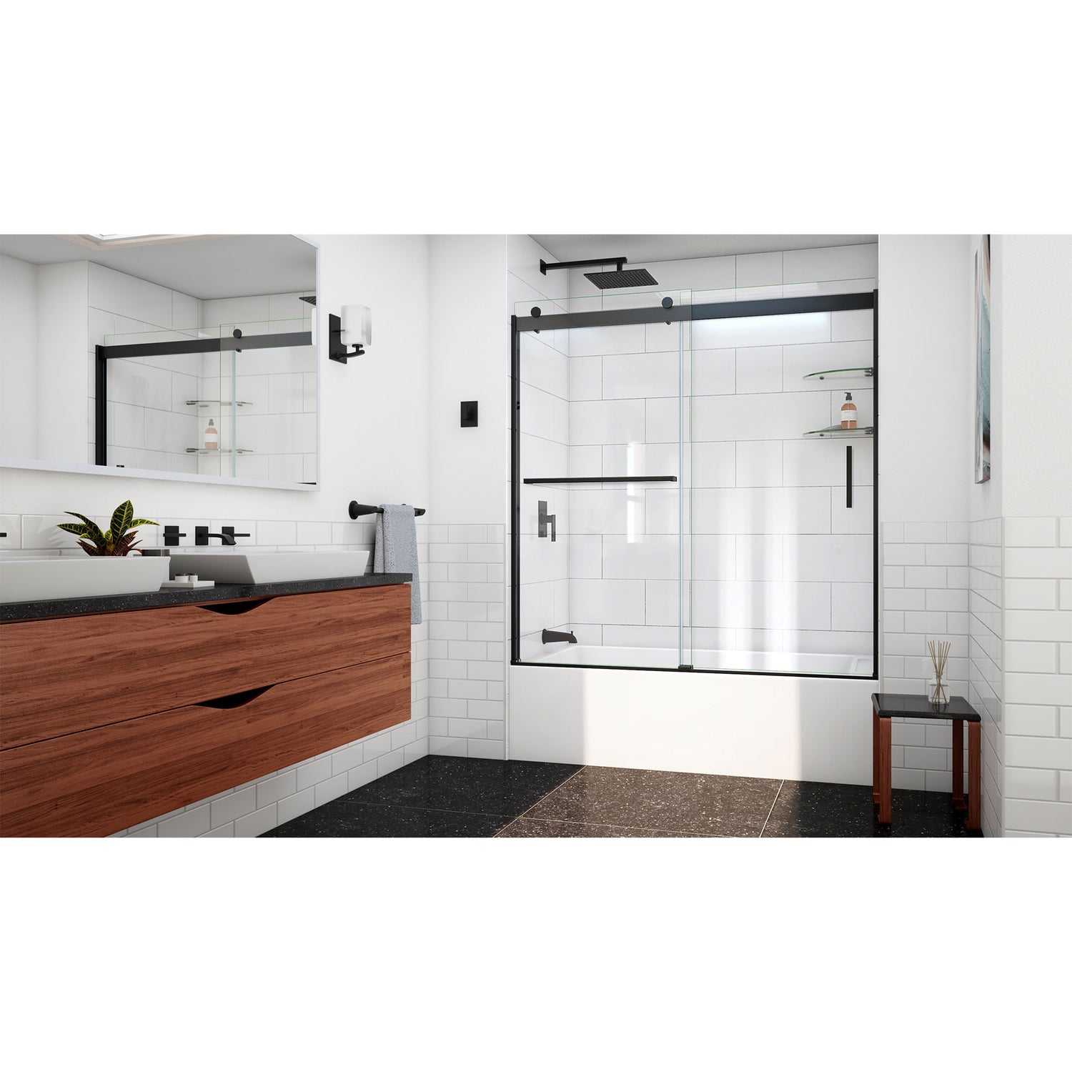 DreamLine Sapphire-V 56 - 60 in. W x 62 in. H Bypass Tub Door in Satin Black and Clear Glass