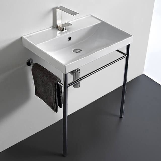 Rectangular Ceramic Console Sink and Polished Chrome Stand, 24"