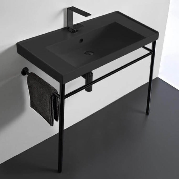 Matte Black Ceramic Console Sink and Matte Black Stand, 36"