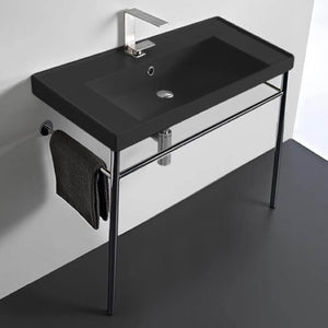 Matte Black Ceramic Console Sink and Polished Chrome Stand, 36"