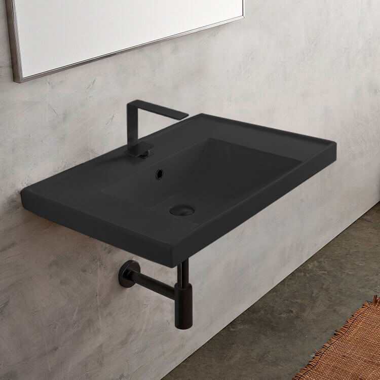 Rectangular Matte Black Ceramic Wall Mounted Bathroom Sink