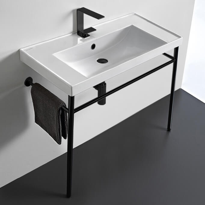 Rectangular Ceramic Console Sink and Matte Black Stand, 36"