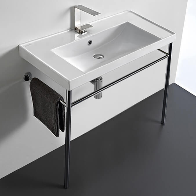 Rectangular Ceramic Console Sink and Polished Chrome Stand, 36"