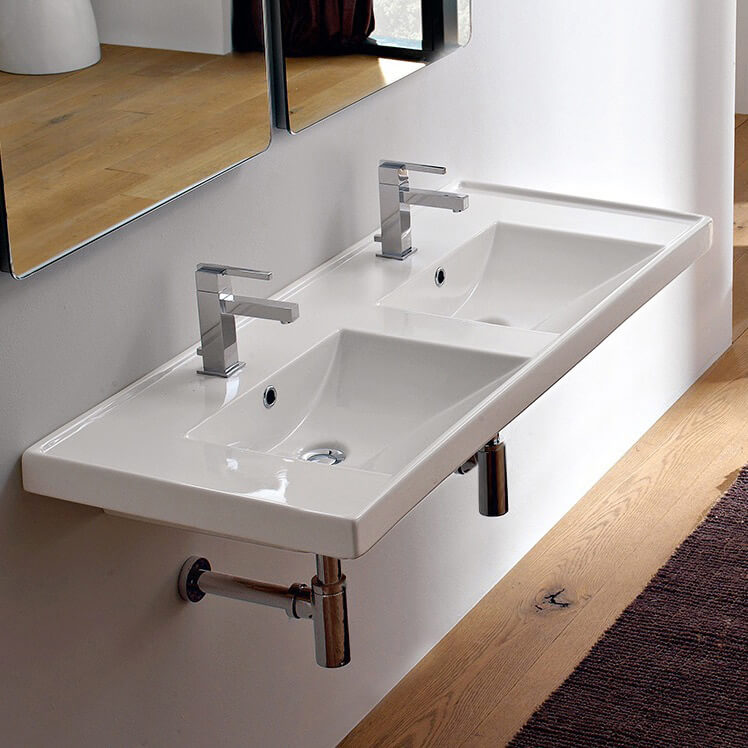 Rectangular Double White Ceramic Drop In or Wall Mounted Bathroom Sink