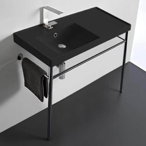 Matte Black Ceramic Console Sink and Polished Chrome Stand, 36"