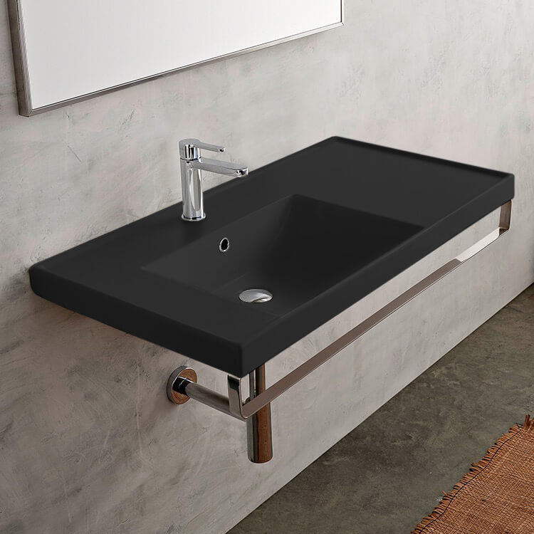 Wall Mounted Matte Black Ceramic Sink With Polished Chrome Towel Bar