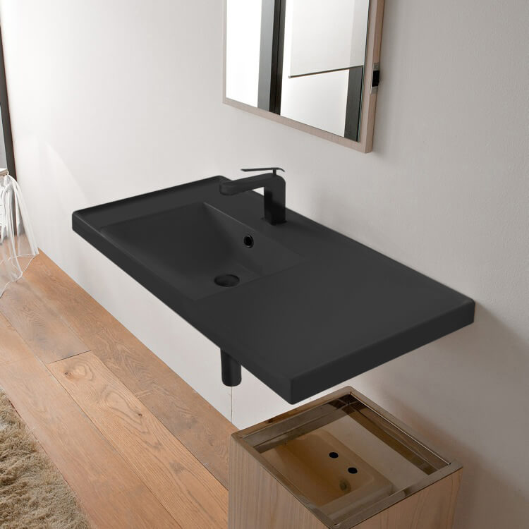 Rectangular Matte Black Ceramic Wall Mounted Bathroom Sink