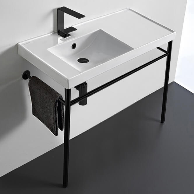 Rectangular Ceramic Console Sink and Matte Black Stand, 36"