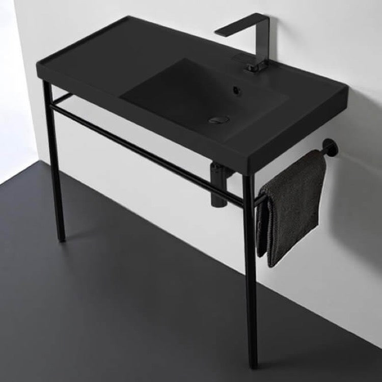 Matte Black Ceramic Console Sink and Matte Black Stand, 36"