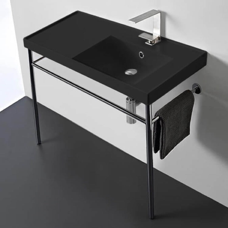 Matte Black Ceramic Console Sink and Polished Chrome Stand, 36"