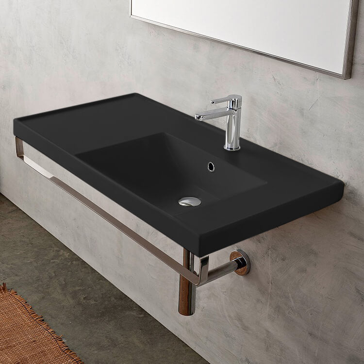 Wall Mounted Matte Black Ceramic Sink With Polished Chrome Towel Bar