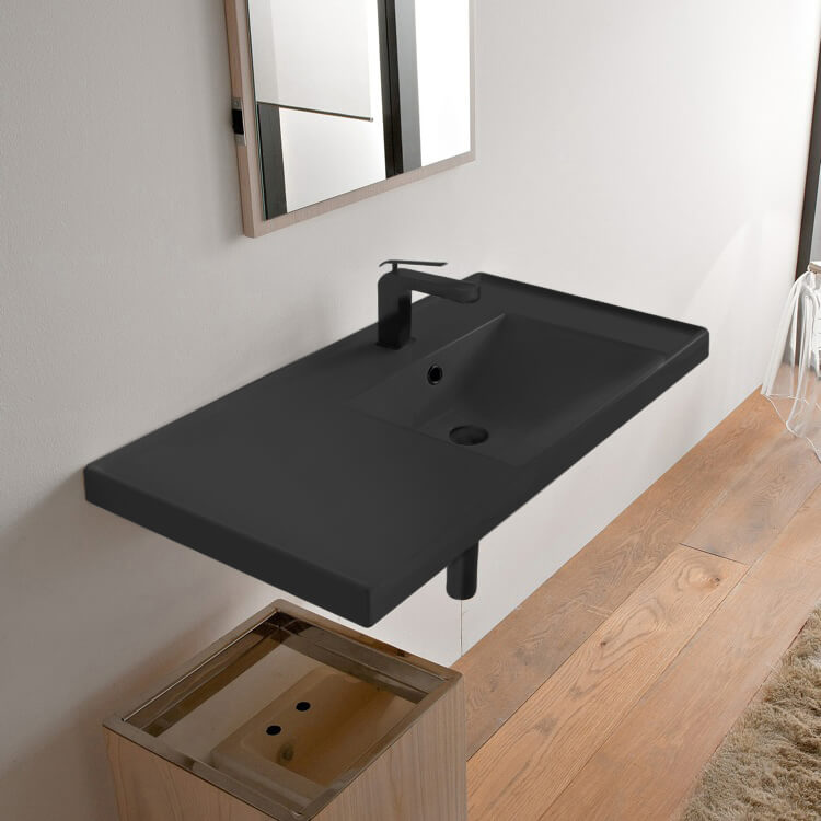 Rectangular Matte Black Ceramic Wall Mounted Bathroom Sink