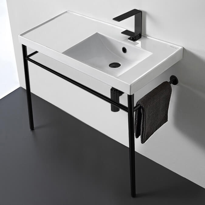 Rectangular Ceramic Console Sink and Matte Black Stand, 36"
