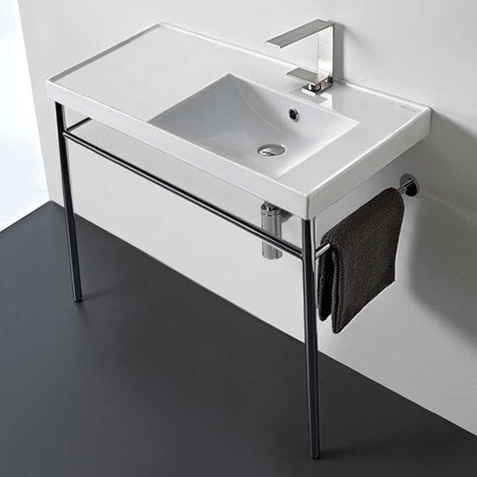 Rectangular Ceramic Console Sink and Polished Chrome Stand, 36"