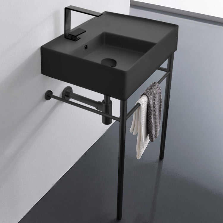 Matte Black Ceramic Console Sink and Matte Black Stand, 24"