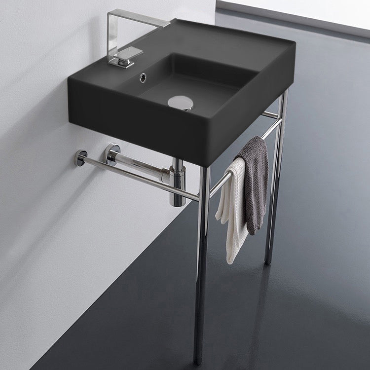 Matte Black Ceramic Console Sink and Polished Chrome Stand, 24"