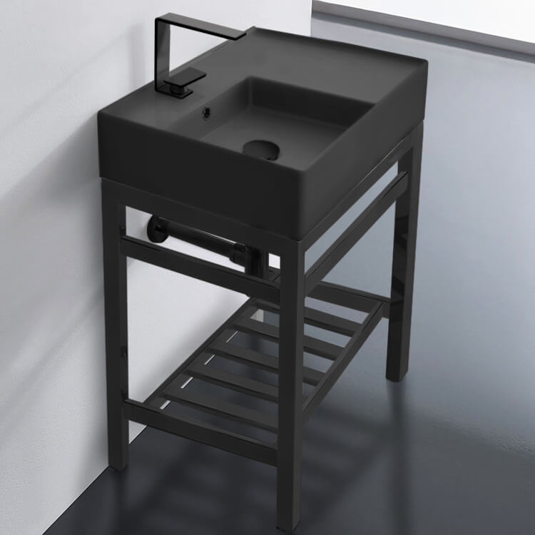 Modern Matte Black Ceramic Console Sink and Matte Black Base, 24"