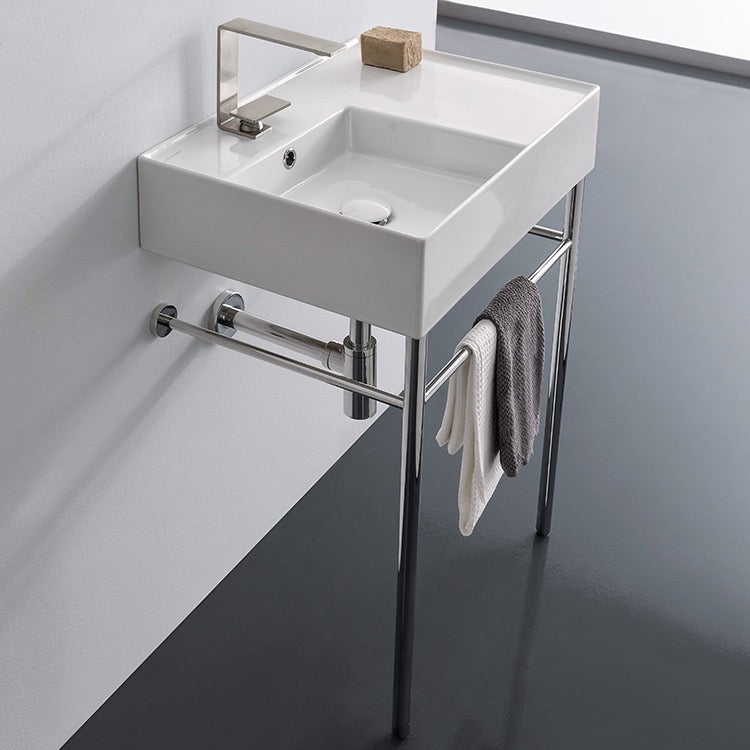 Rectangular Ceramic Console Sink and Polished Chrome Stand, 24"