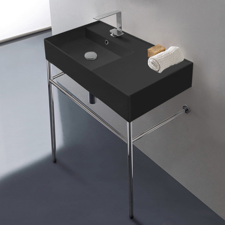 Matte Black Ceramic Console Sink and Polished Chrome Stand, 32"