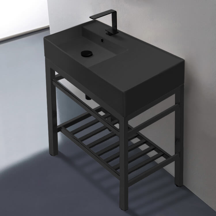 Modern Matte Black Ceramic Console Sink and Matte Black Base, 32"