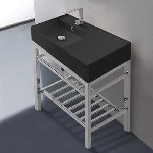 Modern Matte Black Ceramic Console Sink and Polished Chrome Base, 32"