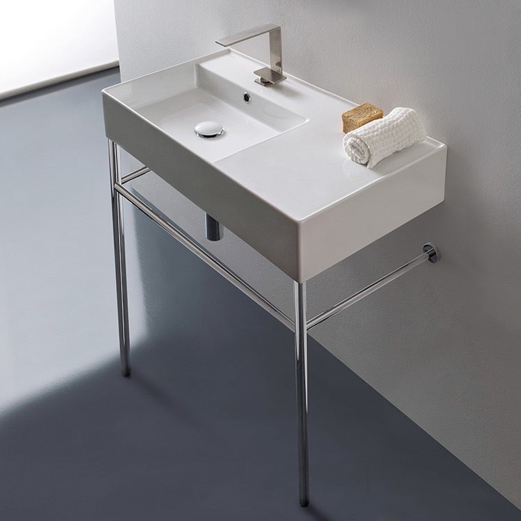 Rectangular Ceramic Console Sink and Polished Chrome Stand, 32"