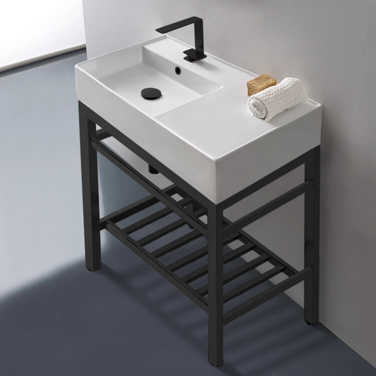 Modern Ceramic Console Sink With Counter Space and Matte Black Base, 32"