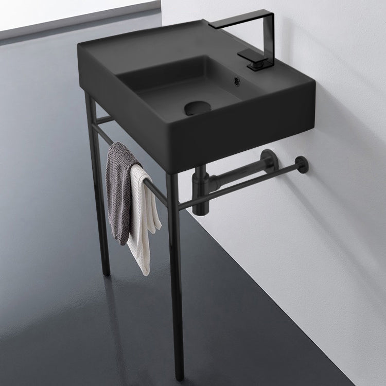 Matte Black Ceramic Console Sink and Matte Black Stand, 24"