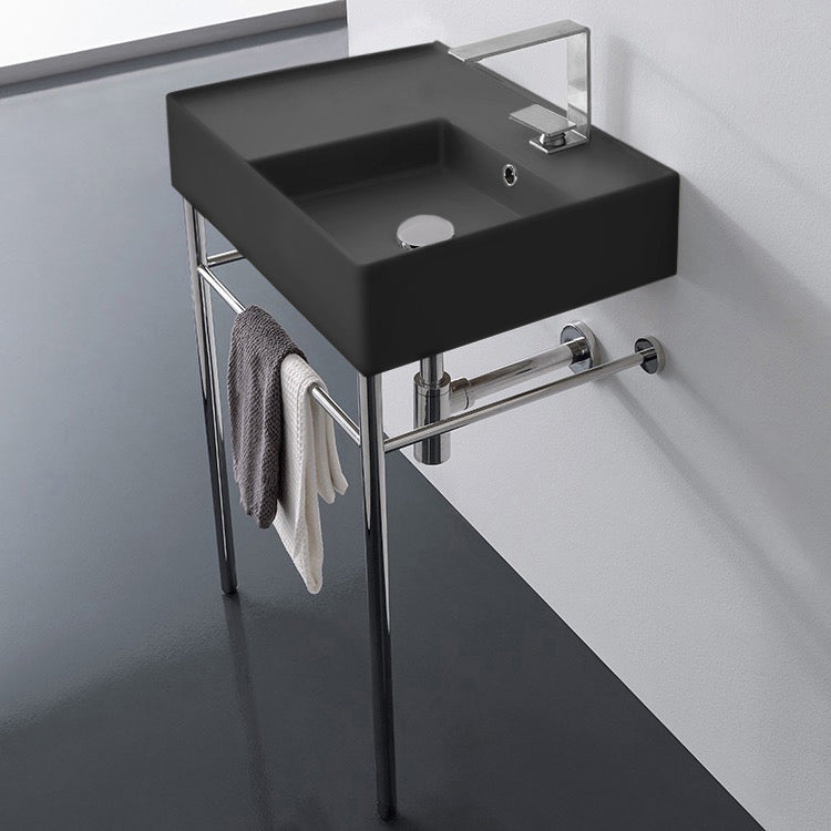 Matte Black Ceramic Console Sink and Polished Chrome Stand, 24"