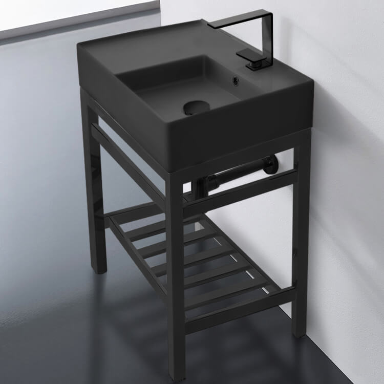 Modern Matte Black Ceramic Console Sink and Matte Black Base, 24"