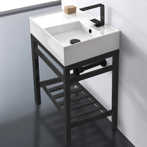 Modern Ceramic Console Sink With Counter Space and Matte Black Base, 24"